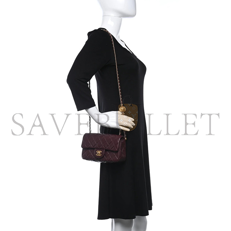 Ch**el MASTER LAMBSKIN QUILTED MINI RECTANGULAR PEARL CRUSH FLAP BURGUNDY (20*12*6cm)